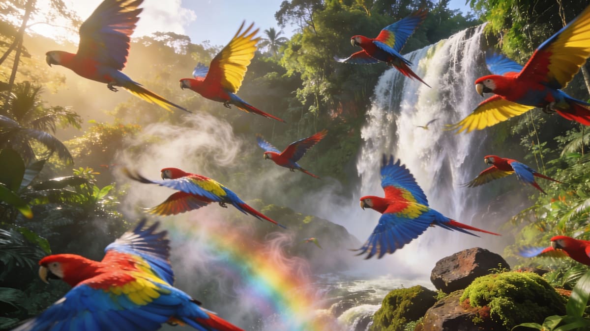 Guacamayos y cascada con arcoíris