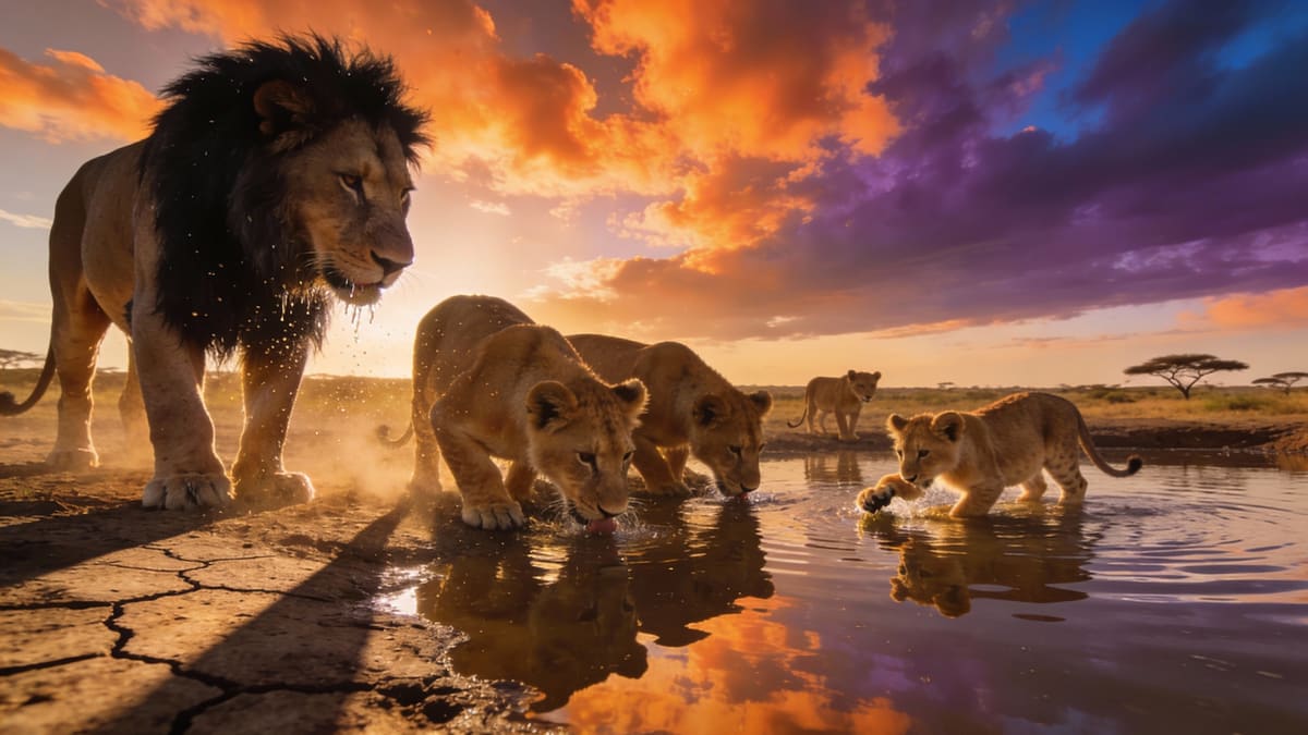 Leones en la charca al atardecer