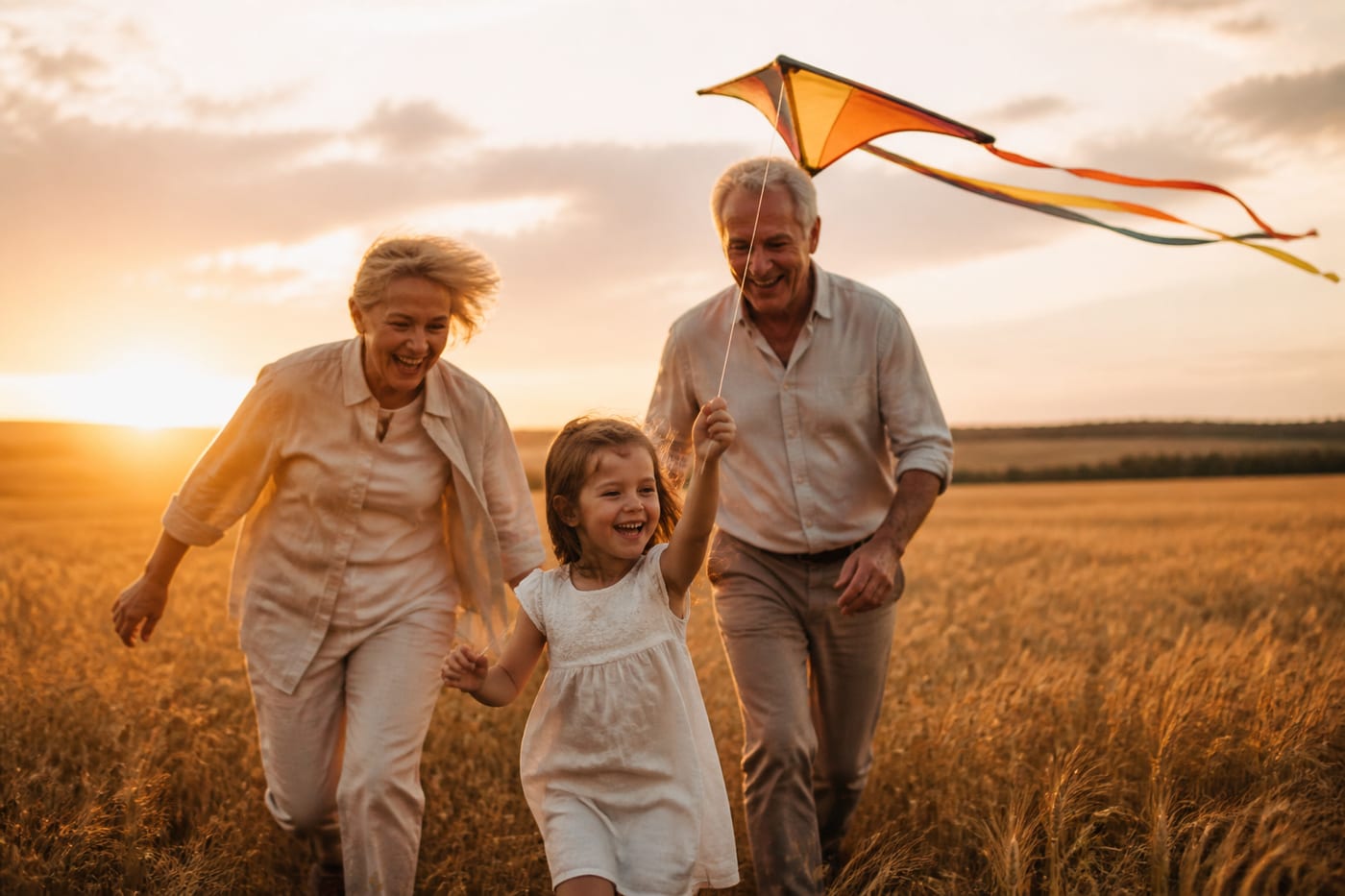 Abuelos y nieta volando una cometa en un campo de trigo al atardecer