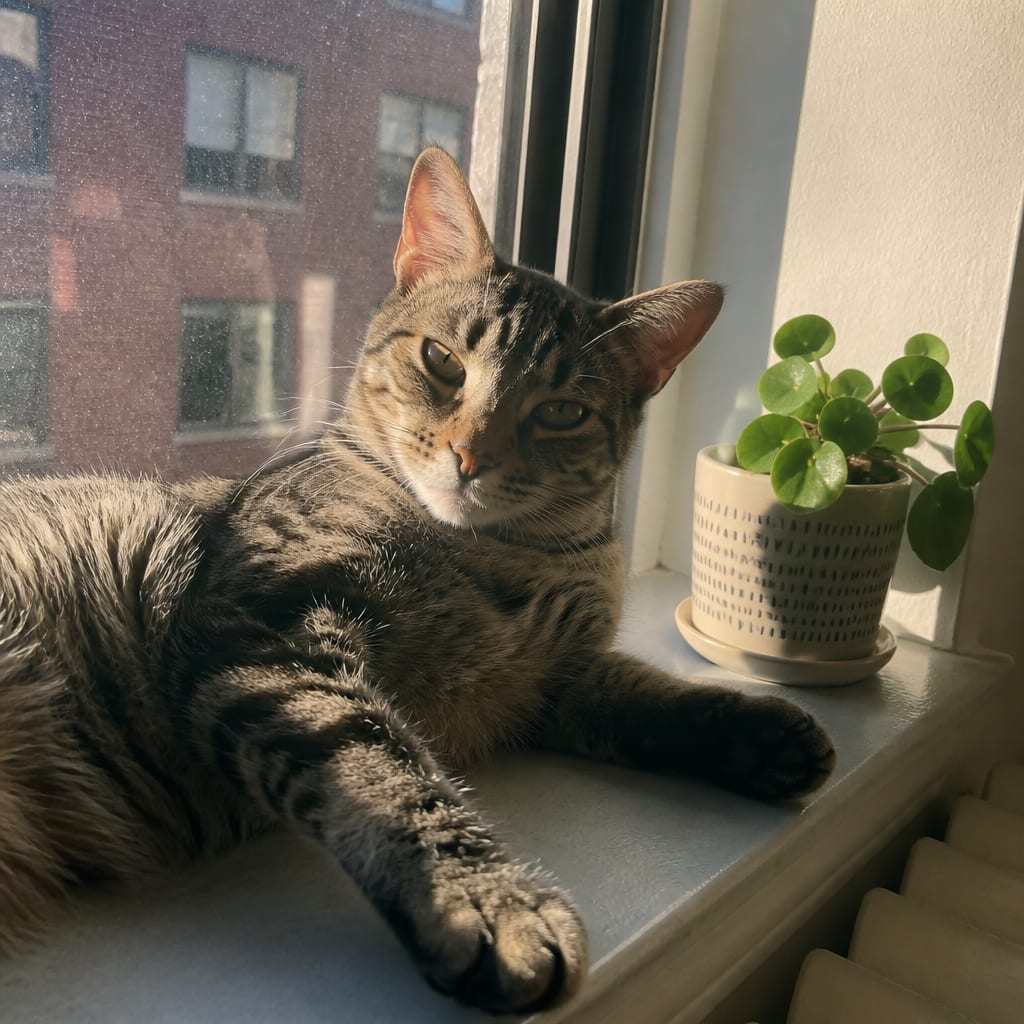 Gato atigrado tumbado al sol en el alféizar
