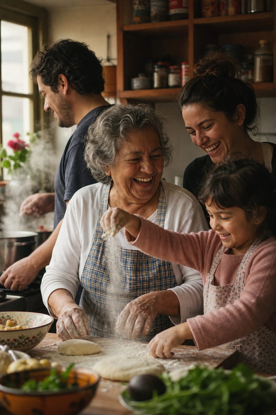 Tres generaciones de una familia riendo mientras cocinan juntas