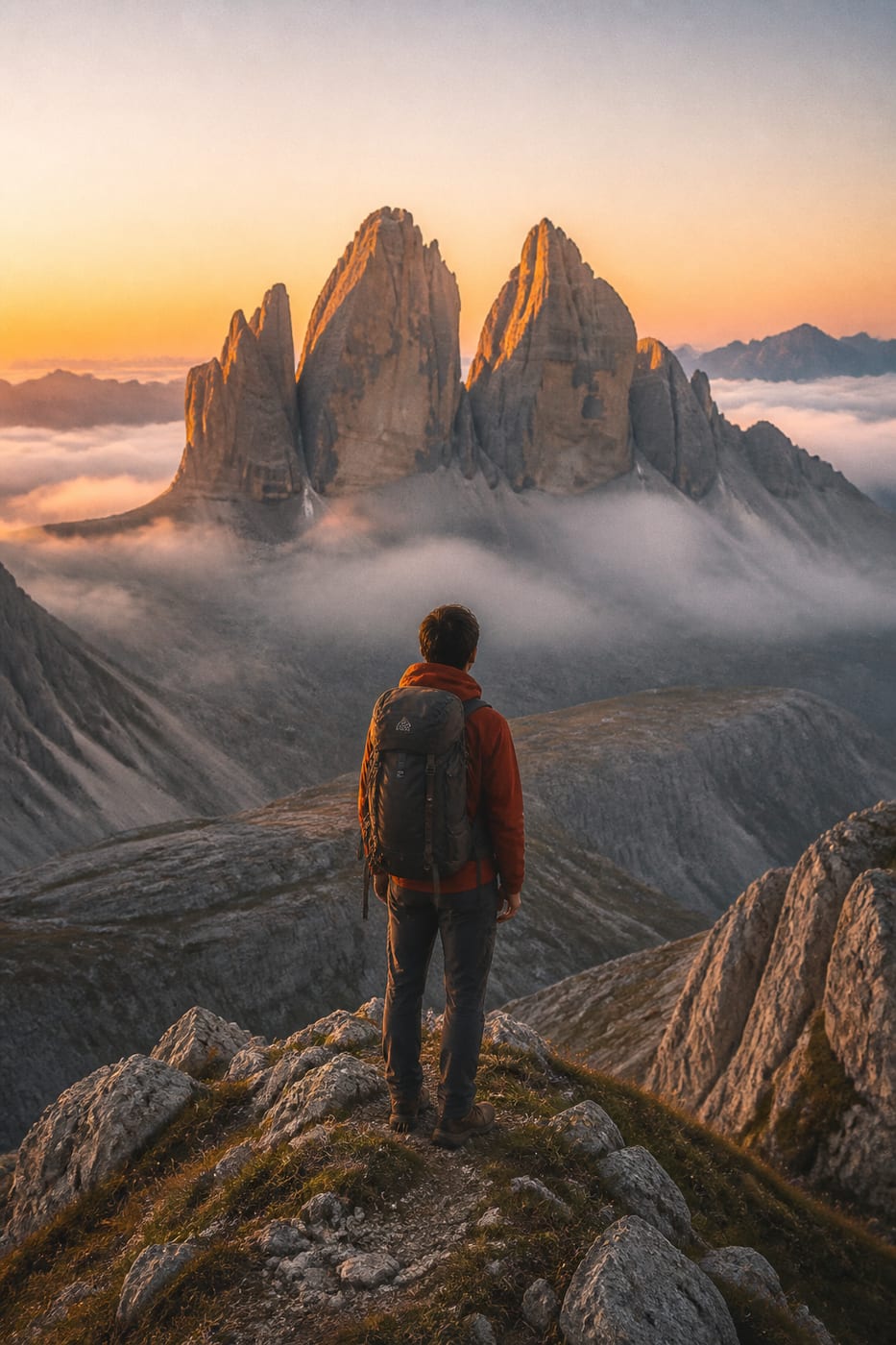 Viajero contemplando las Dolomitas al amanecer